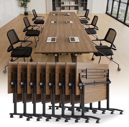 Conference Room Table with Silent Wheels, Mobile Folding Conference Table for 16 Person,Flip Top Office Training Tables with Walnuts Wood Tabletop, for School,Business Meeting Rooms (8Pack 47in)