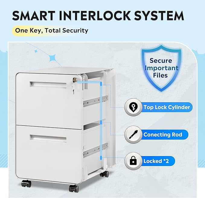 DEVAISE 2-Drawer File Cabinet with Lock, 0.7mm Thick Steel Mobile Filing Cabinet for Home Office, Under Desk Storage Organizer with Rounded Corners, Fully Assembled, 20" D x 15.8" W x 25" H, White