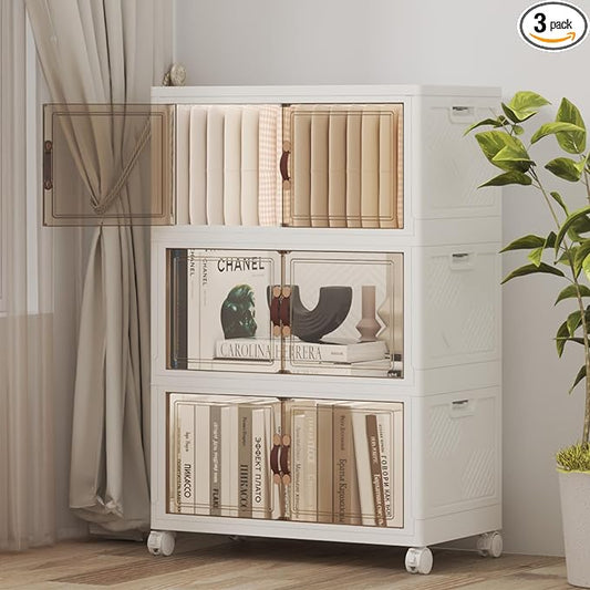 Extra Large Stackable Storage Bins with Lids & Wheels, Foldable Collapsible Closet Organizers Storage Cabinet with Doors for Bedroom Dorm (White, 165QT-55QT/14GAL*3Pack)