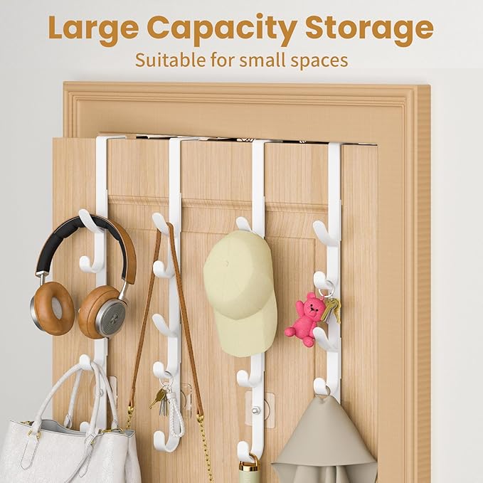 Over The Door Hooks, Metal Door Hooks for Hanging, Over The Door Purse Organizer for Coat Hanger, Back of Shower Door for Hanging Towel Rack Clothes, Hat, Bathroom, Closet (White-4Packs)