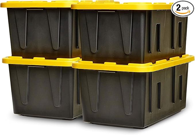 HOMZ 4-Pack Durabilt Tote, Heavy Duty Plastic Storage Bins with Lids, 27 Gallon, Black/Yellow - Stackable Organizing Containers for Home, Garage, and Shed