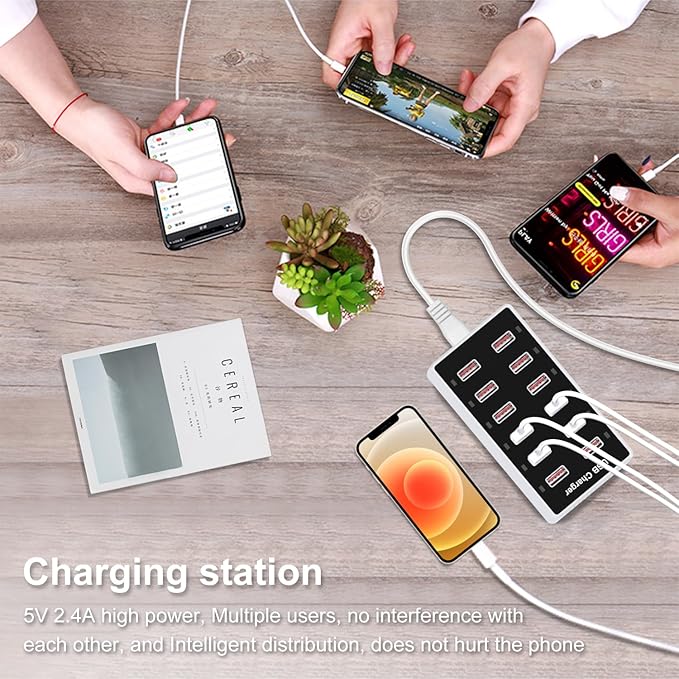 Cell Phone Wall Charger USB Charging Station for Multi 12 Ports Power Strip Charging Hub Smart Plug Charge Block Desk Device Dock for iPhone 15/14/13/iPad iPod Galaxy Watches Android Phones