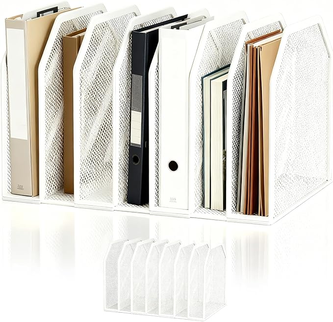7-Grid Detachable Vertical File Organizer, Metal Mesh File Holder for Desk, Desktop Document Sorter for Home Office School, White Office Supplies for Paper Magazine Organization