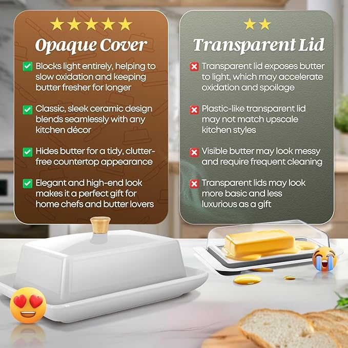 Flexzion Ceramic White European Butter Dish with Lid for Countertop (8 Inch) - Wide 2 Stick Double Butter Holder for Counter, Cream Cheese Container Storage Keeper