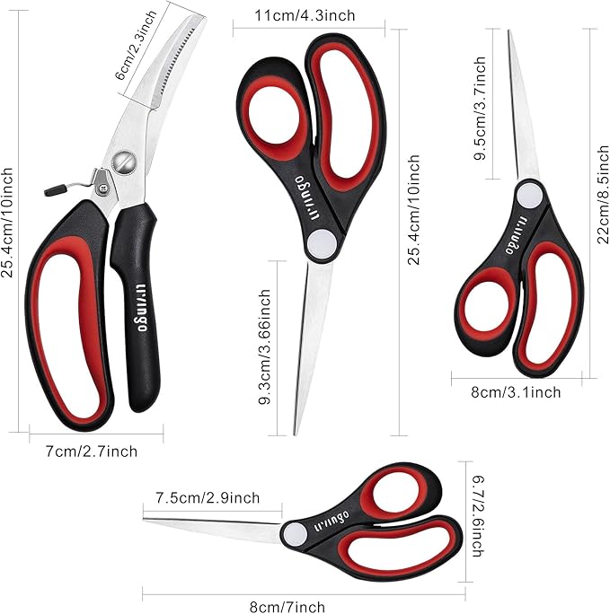 LIVINGO All Purpose Scissors Set - 4 Pack Sharp Multipurpose Heavy Duty Shears for Kitchen Cooking Sewing Fabric Cutting Poultry Food Paper Craft Office Household School Multi Pack Utility Shears