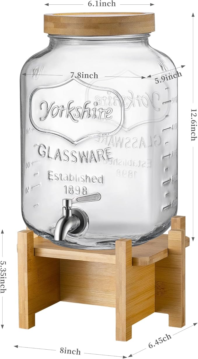 Drink Dispenser with Wood Stand and Lid,2 Gallon Glass Beverage Dispenser with Stainless Steel Spigot for Parties,Picnics,Barbecues,Lemonade,Sun tea Jar,ice coffee,Laundry Detergent Dispenser