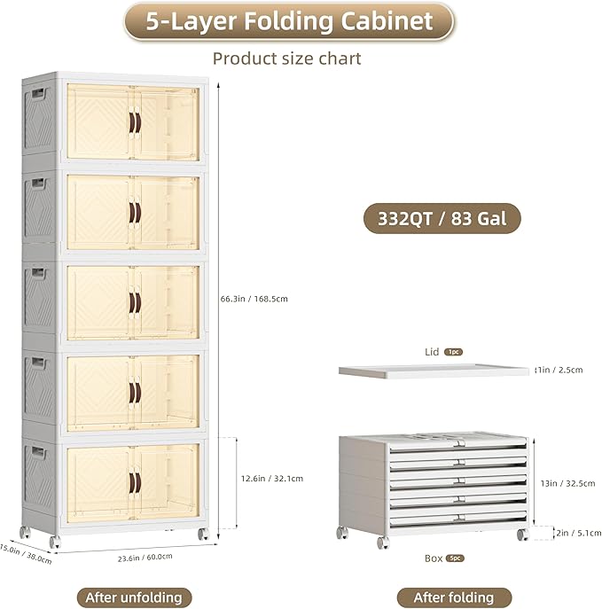 332 QT / 83 Gal Extra Wide Foldable Plastic Cabinet with Double Magnetic Doors & Leather Handles - Stackable, 4 Locking Wheels, Space Saving Storage for Small Spaces