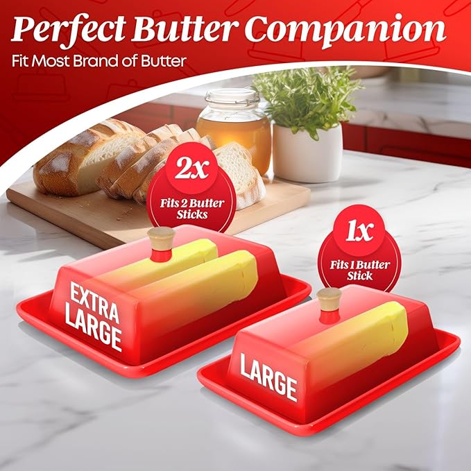 Flexzion Ceramic Red European Butter Dish with Lid for Countertop (7 Inch) - Wide 2 Stick Double Butter Holder for Counter, Cream Cheese Container Storage Keeper