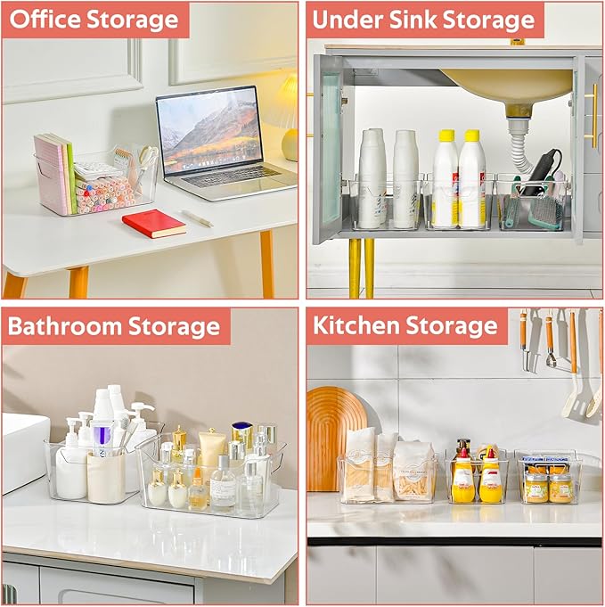 Clear Plastic Storage Bins - 12 Pack Pantry Organizers and Storage,Large Clear Pantry Organizer Bins, Plastic Containers with Handle for Kitchen,Freezer,Cabinet,Closet,Bathroom Under Sink