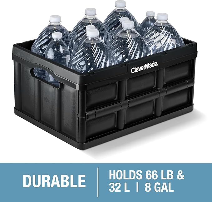 CleverMade Collapsible Storage Bins - Ocean 3 Pack 32L / 8 Gal holds 66 lbs - Stackable Containers Heavy Duty Capacity Folding Crates Space-Saving