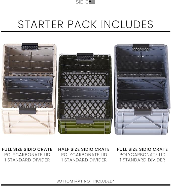 SIDIO CRATE Starter Pack - Two Full Size and One Half Size Heavy Duty Stackable Storage Bins with Lids & Dividers - Durable Organizer for Home, Office, Garage, and Outdoor Use - Stealth Variety Pack