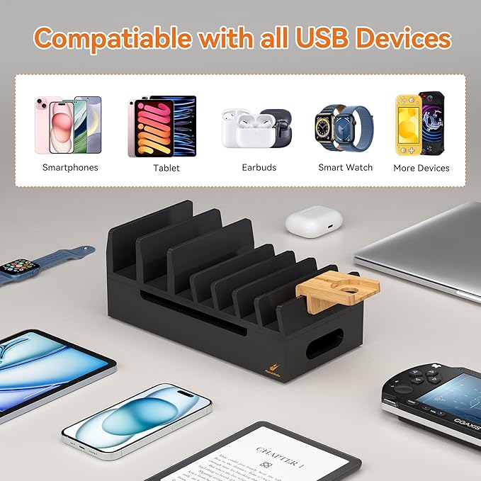 Pezin & Hulin Bamboo Charging Station with Watch Stand, Docking Holder for Multi Device with 5 Charge Cables, Desktop Dock Stations Electronic Organizer for Cellphone, Tablet, Watch-Black