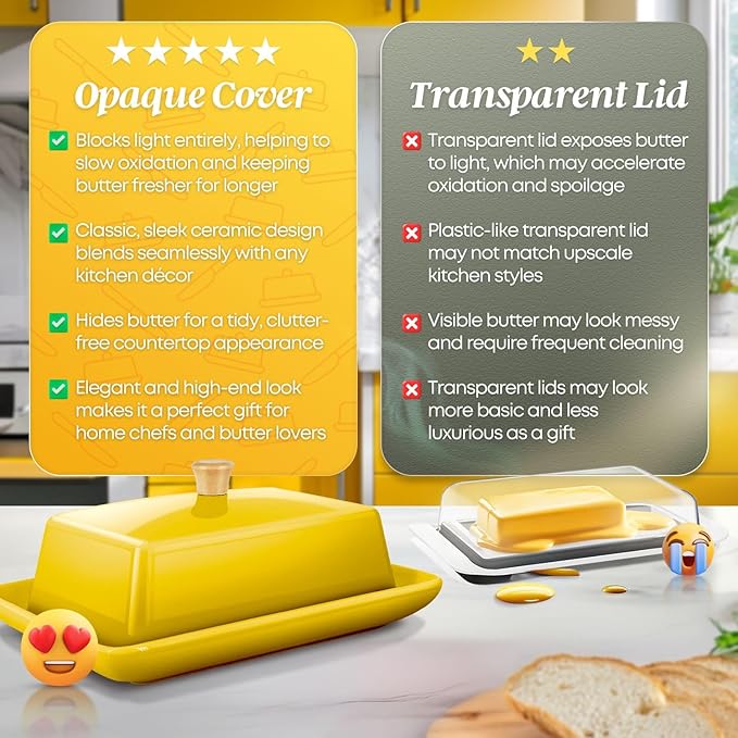 Flexzion Ceramic Yellow European Butter Dish with Lid for Countertop (7 Inch) - Wide 2 Stick Double Butter Holder for Counter, Cream Cheese Container Storage Keeper