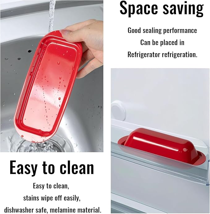 Butter Dish with Lid and Knife, Durable Countertop & Fridge Butter Keeper, BPA-Free Melamine Butter Container, Dishwasher Safe, Fits East/West Coast Butter Sticks (Red)