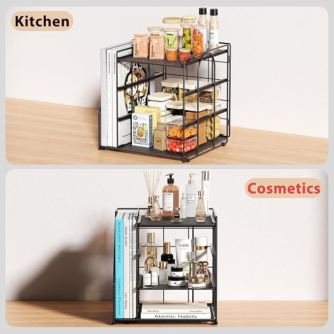 Desk Organizer, 4-Tier Metal Paper Organizer for Desk with Vertical File Holder, Office Accessories and Desktop Storage for Office Supplies (Black)