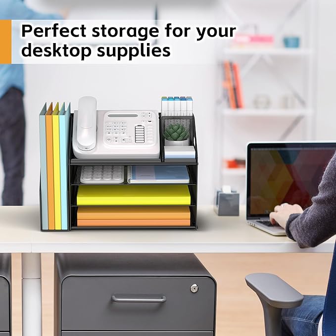 DocNest 4 Tier Paper Letter Tray File Organizer, Mesh Desk File with Handle, Workspace Desk Organizers with Pen Holder, Office Organization Storage Accessories - Black