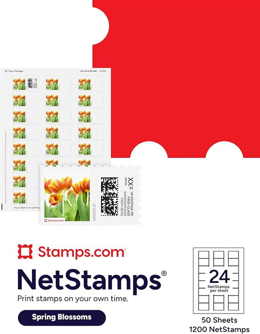 Spring Blossoms NetStamps 1200-Pack (50 Sheets) Printable Postage Labels (Stamps.com Subscription Required) - Print Approved Postage - Inkjet & Laser Printers - Business, Personal, Home