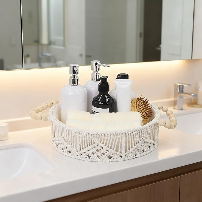 Handwoven Storage Basket Organizer with Wooden Beads Handles, Boho Decor Round Macrame Shelf Basket for Bedroom Living Room Entryway Decorative Counter Home Decor, White