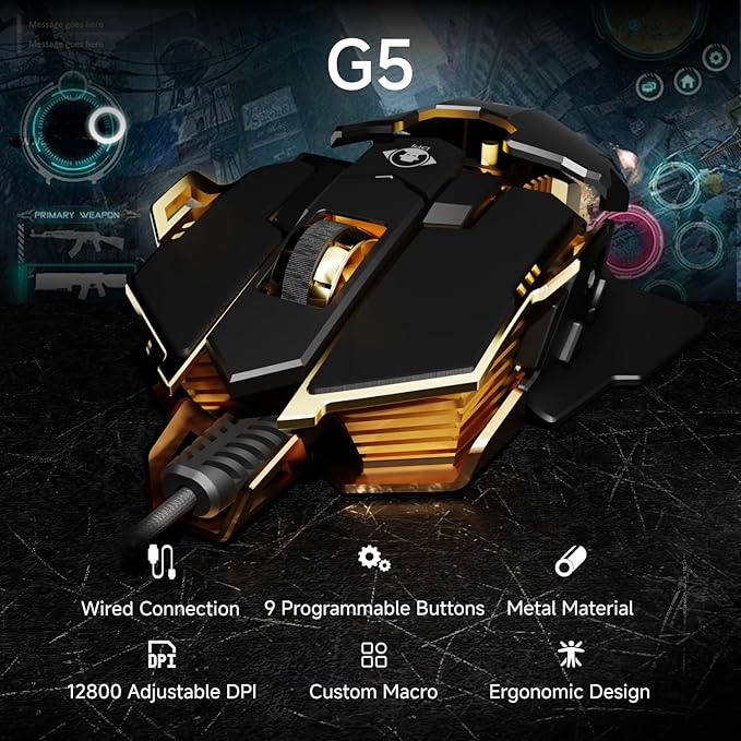 EWEADN G5 Wired Gaming Mouse, Ergonomic RGB Computer Mouse, 12800 Adjustable DPI, 9 Programmable Macro Buttons with Rapid Fire Key Compatible for PC/Laptop/Windows- Black&Gold