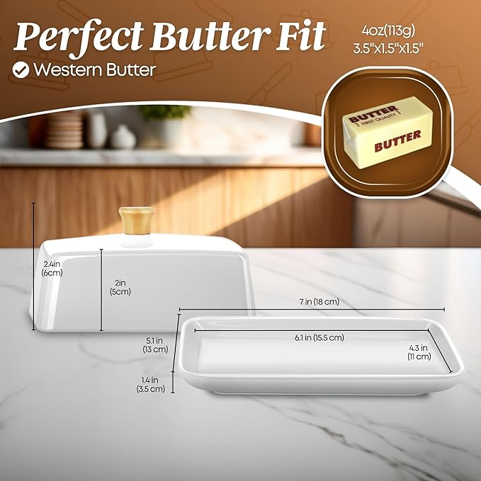 Flexzion Ceramic White European Butter Dish with Lid for Countertop (Large) - Wide 2 Stick Double Butter Holder for Counter, Cream Cheese Container Storage Keeper