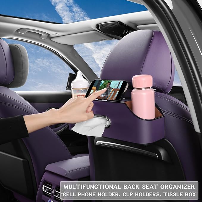 Car Seat Back Organizer - Stylish & Functional Storage for Family Adventures - Cup Holders, Tissue Box & Hooks - Perfect for Kids, Road Trips & Travel (Purple)