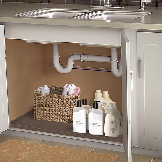 Under Sink Mat for Kitchen Silicone Waterproof Under Sink Liner, Flexible Sink Cabinet Organizer Tray with Drain Hole, Hold up to 3.3 Gallons Liquid, Easy to Clean (Brown, 28X19)