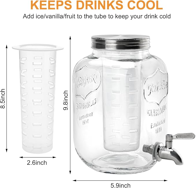 1 Gallon Glass Beverage Dispenser with Lid, Stainless Steel Spigot, Glass Drink Dispensers for Parties, Lemonade Dispenser With Ice Cylinder for Weddings, Party,Sun Tea Jar, Water Juice Dispensers