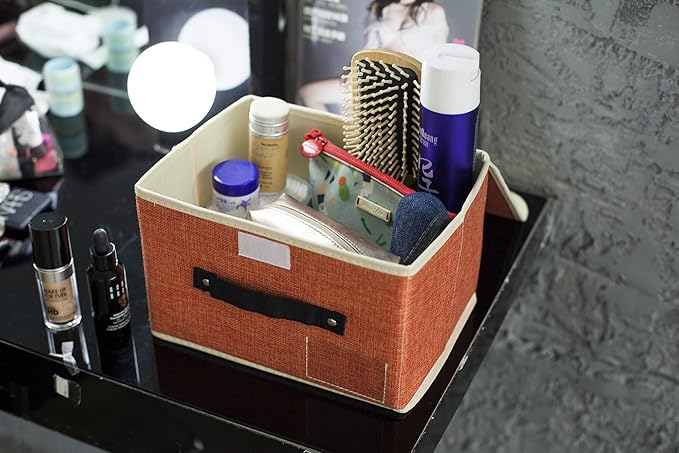 Small Storage Boxes with Lids 2 Pack Linen Collapsible Cube Storage Basket with Handle & Label, Jane's Home Foldable Fabric Storage bins for Shelf & Closet to storage Clothes & Toys