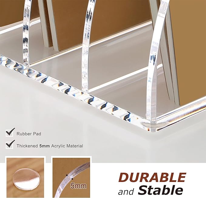 SANRUI Acrylic File Organizer, Compact Desk Organizer for Folders, Binders, Notebooks, Envelopes, Vertical Binder Storage Organizer, 4 Section Bookshelf for School Home Office Organization