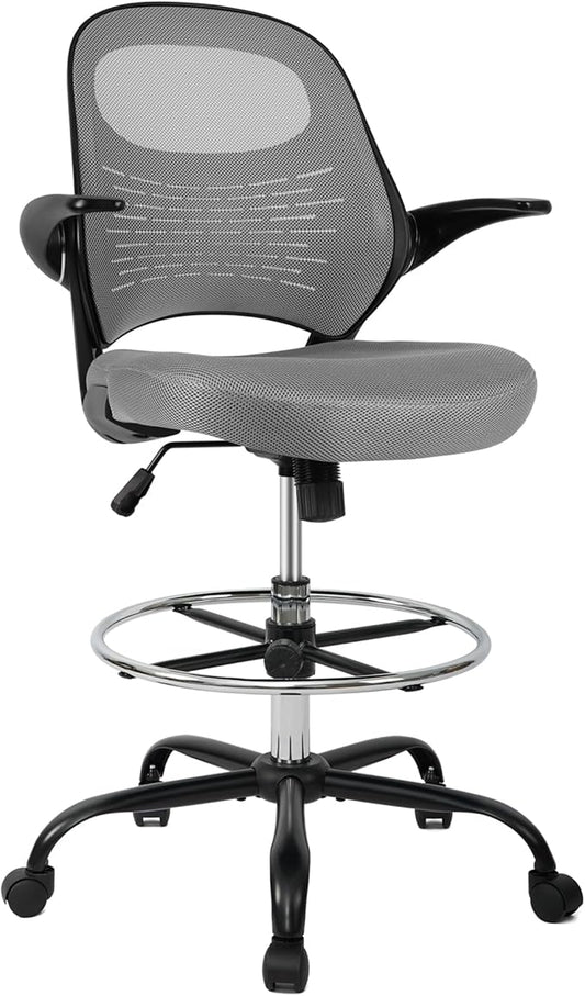HYLONE Tall Drafting Chair Standing Desk Chair with Flip-Up Armrests, Adjustable Height Ergonomic Office Chair with Footrest Ring - High Stool Chair for Standing Desk（Grey）