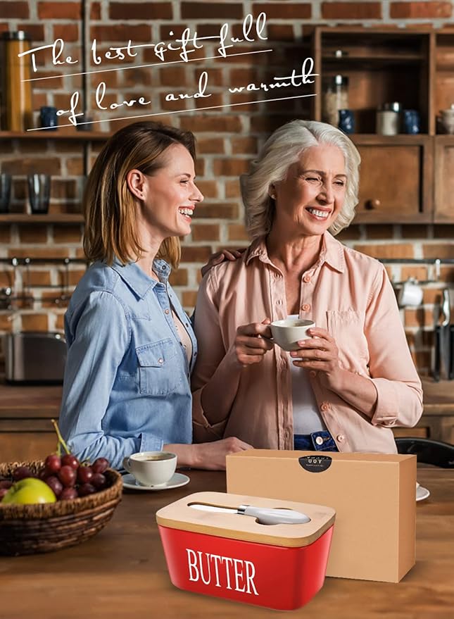 Butter Dish with Lid: Large Butter Container for Countertop - Ceramic Butter Holder for Counter - Butter Tray Butter Keeper with Knife and Sponge Scrubber - Perfect for 2 Sticks of Butter Red
