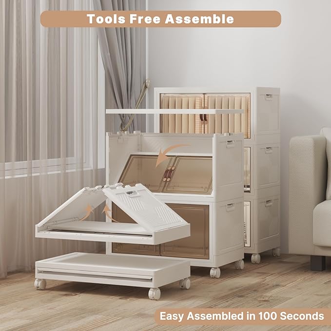 Extra Large Stackable Storage Bins with Lids & Wheels, Foldable Collapsible Closet Organizers Storage Cabinet with Doors for Bedroom Dorm (White, 165QT-55QT/14GAL*3Pack)