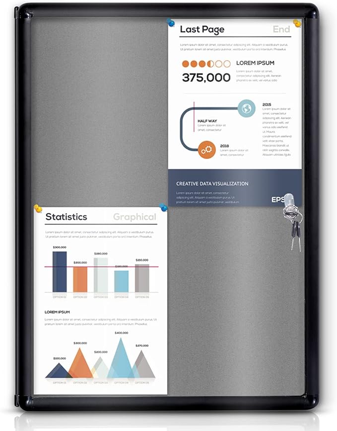 Enclosed Bulletin Board Lockable Display Case Message Board with Locking Door for Indoor, Grey Felt, Black Aluminum Frame, 26 X 20 in