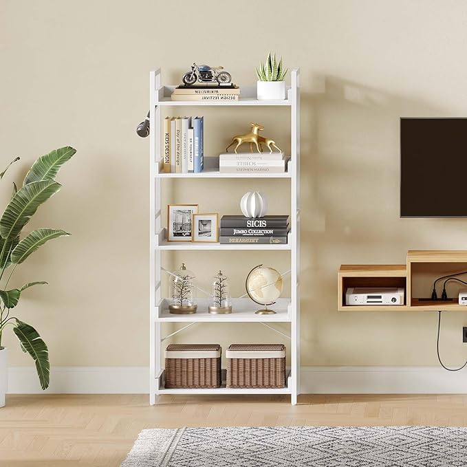 Rolanstar Bookshelf 5 Tier with 4 Hooks, Industrial Wood Bookcase, Vintage Storage Rack with Open Shelves, Rustic Standing Bookshelves Metal Frame Display Rack for Living Room, Bedroom, White