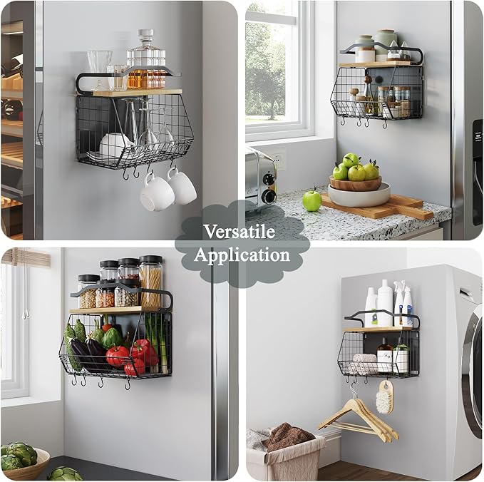 Magnetic Shelf for Fridge with Wood Lid, Fruit Potato and Onion Storage Bins, Magnetic Spice Rack for Refrigerator Large Container Wire Basket for Refrigerator, Kitchen Counter, Cabinet