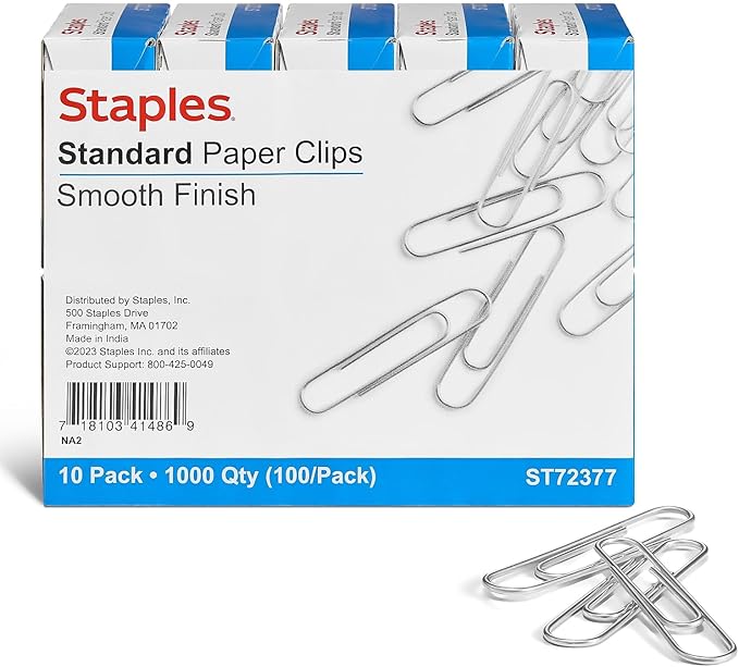Staples Paper Clips, 1.25 Inch, Heavy-Duty Standard Smooth Paperclips for Office, School, Personal Use, 1,000-Pack, Silver