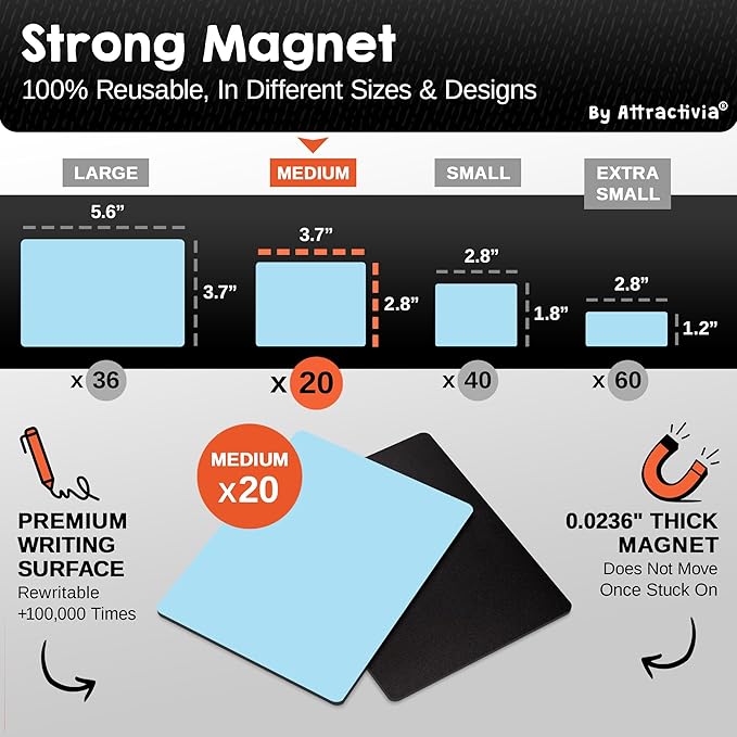 Dry Erase Magnetic Labels 3.7 x 2.8 in, Solid Colors, Medium Dry Erase Magnets, 20-Pack, Colored Erasable Write-On All-Purpose Labels, for Office, Education, Home, Whiteboard