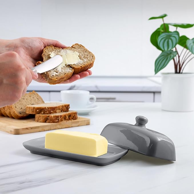 Zulay Butter Dish With Lid For Countertop - Porcelain White, Ceramic Butter Dish with Knob Handle Great for Cooking - Elegant Design Butter Holder - Durable & Sturdy Butter Keeper - Gray