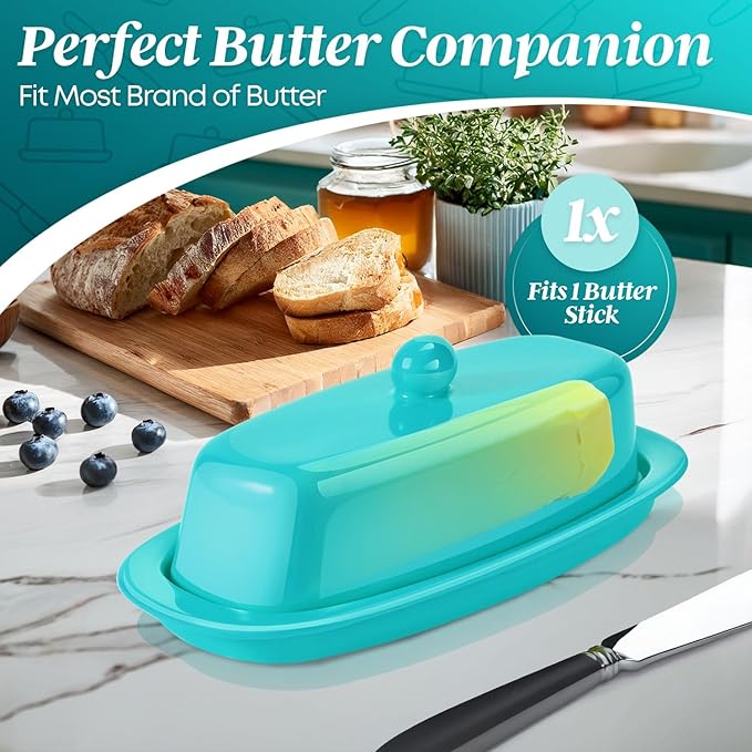 Flexzion Ceramic Blue European Butter Dish with Lid for Countertop (7 Inch) - 1 Stick Butter Holder for Counter, Cream Cheese Container Storage Keeper