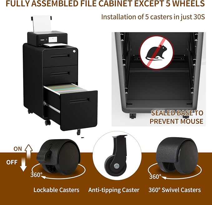 3 Drawer File Cabinet with Lock and 4 Keys, Mobile Metal Filing Cabinet, File Cabinets for Home Office, Under Desk, Pre-Assembly, File Drawer, Letter/Legal/A4 Hanging File Folders