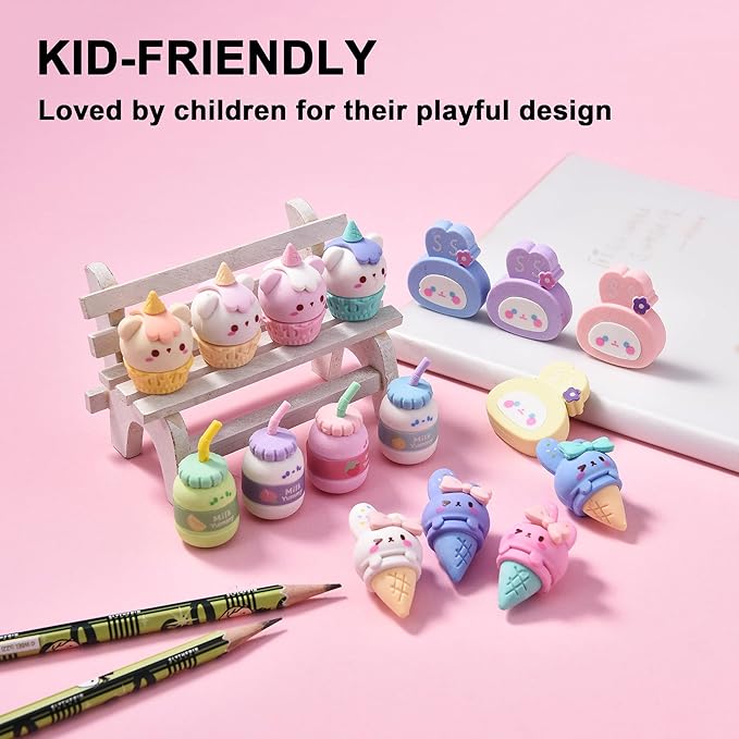 16Pcs Cute Ice Cream Shaped Erasers for Kids, Fun Food Eraser for School Classroom Rewards Party Favors