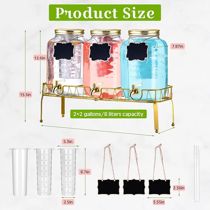 Lallisa 3 Pcs 2 Gallon Glass Drink Dispenser with Stand and Lid Mason Jar Beverage Dispenser with Stainless Steel Spigot, Hanging Chalkboard Signs, (Gold)