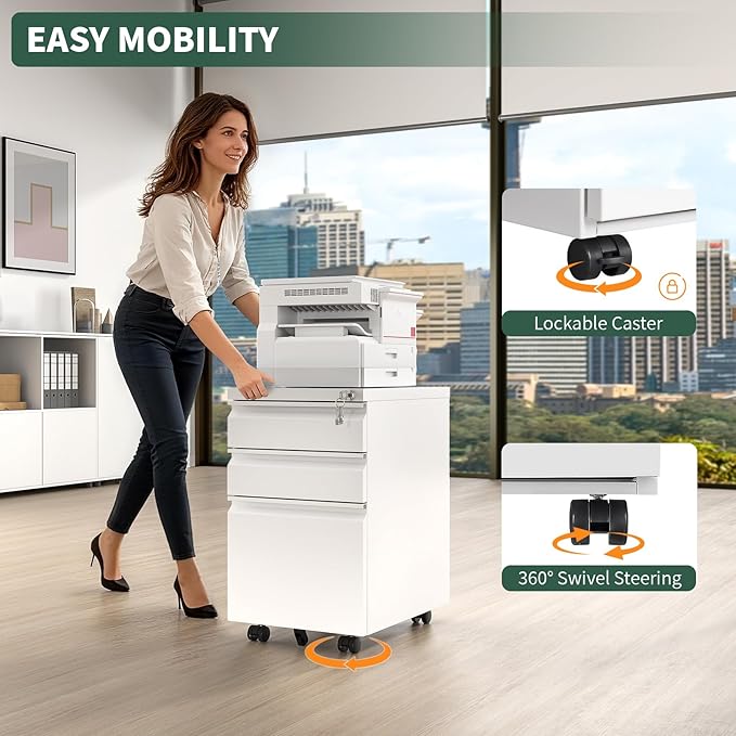 3 Drawer File Cabinet with Lock,Under Desk Rolling Small Filing Cabinet for Home Office Storage, Mobile Steel Cabinets with Wheels, Fully Assembled, White