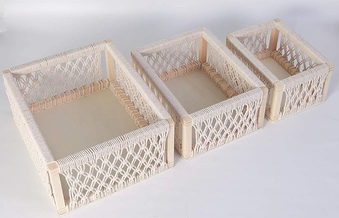 Macrame Baskets for Storage Set of 3, White Decorative Storage Bin for Living Room, Perfect Pampas Grass Holder