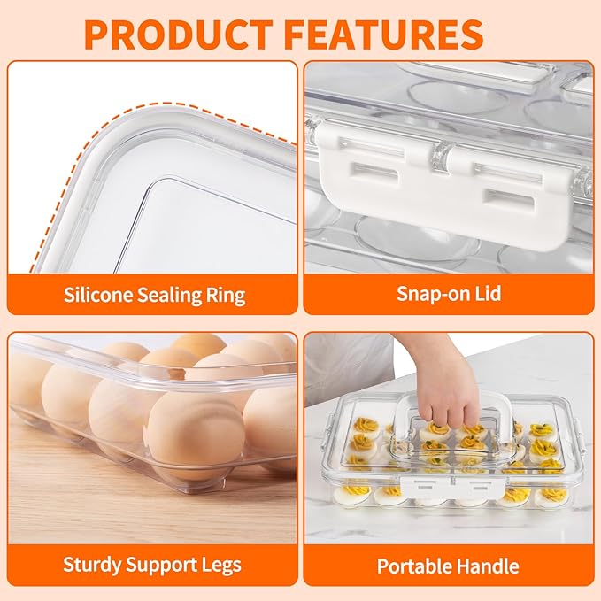Deviled Egg Containers with Lid and Handle, Durable Clear Plastic Deviled Egg Carrier Storage 24 Eggs, Stackable Egg Holder for Fridge, Portable Tray Platter for Party & Picnics-1 Pack White