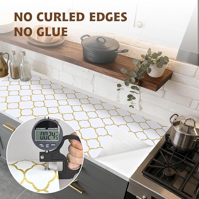 Shelf Liners for Kitchen Cabinets 12in x 30FT Non Adhesive Drawer Liner Gold Quatrefoil Thickened Shelf Liner Paper Strong Non-Slip Easy to Clean for Tool Box Refrigerator with Knife and Tape Measure