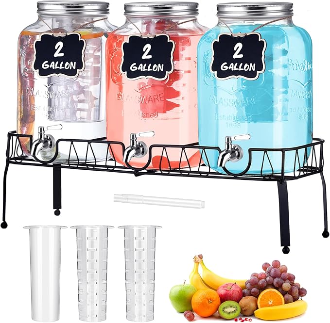 Lallisa 3 Pcs 2 Gallon Glass Drink Dispenser with Stand and Lid Mason Jar Beverage Dispenser with Stainless Steel Spigot, Hanging Chalkboard Signs, Fruit Infuse, Ice Cylinder, Liquid Pen (Silver)