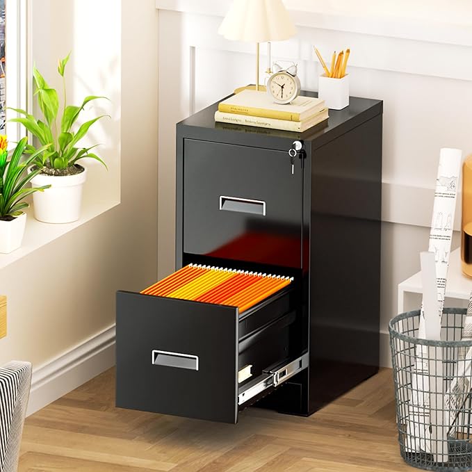 INTERGREAT 2 Drawers File Cabinet with Lock, 18" D Metal Black Vertical Filing Cabinet for Hanging Folders, Easy Assemble