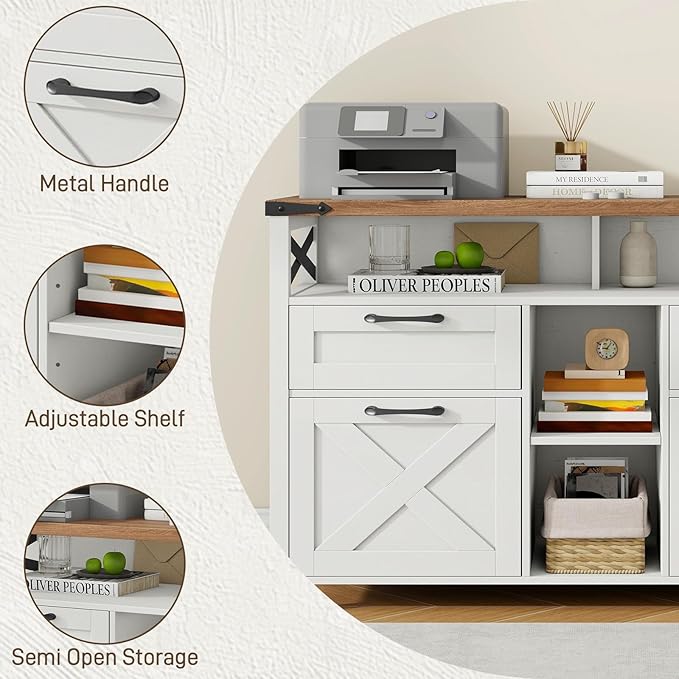 Farmhouse Filing Cabinet with Adjustable Shelf for Home Office, Lateral File Cabinets 4 Drawers with Open Storage Shelf, Filing Organization Storage Cabinets for Hanging Files Letter/Legal/F4/A4.