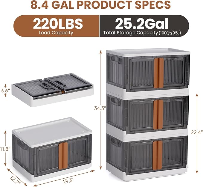 LCG 3-Tier Foldable Plastic Storage Bins with Lids and Doors, 25 Gallon (8.4 Gal x 3pack), Stackable Organizer Drawer (Medium)